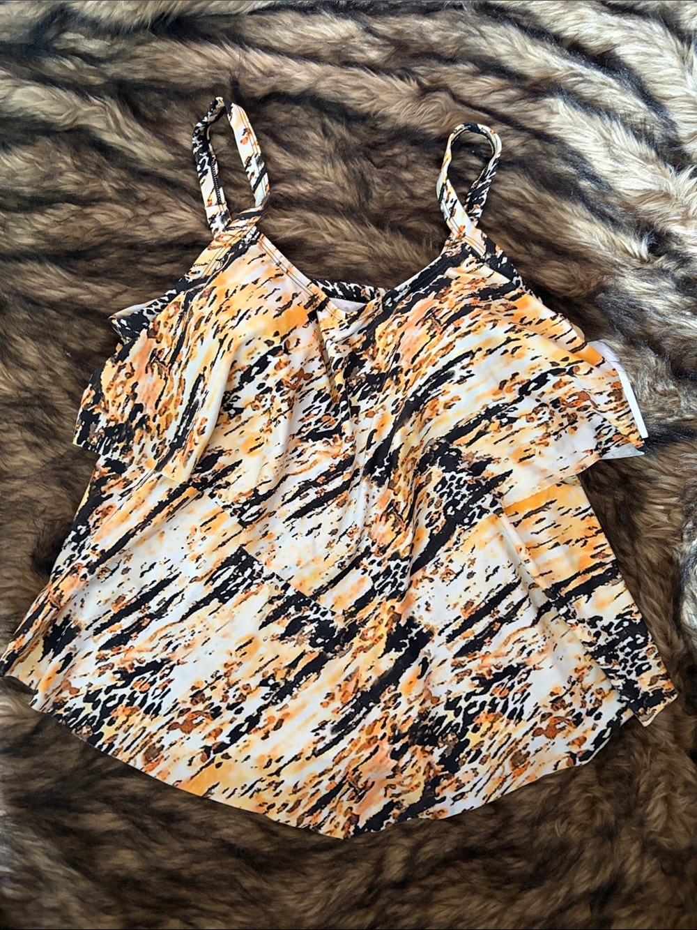 Meet.Curve Abstract Print Yellow Black Ruffle Tankini Top Size XL